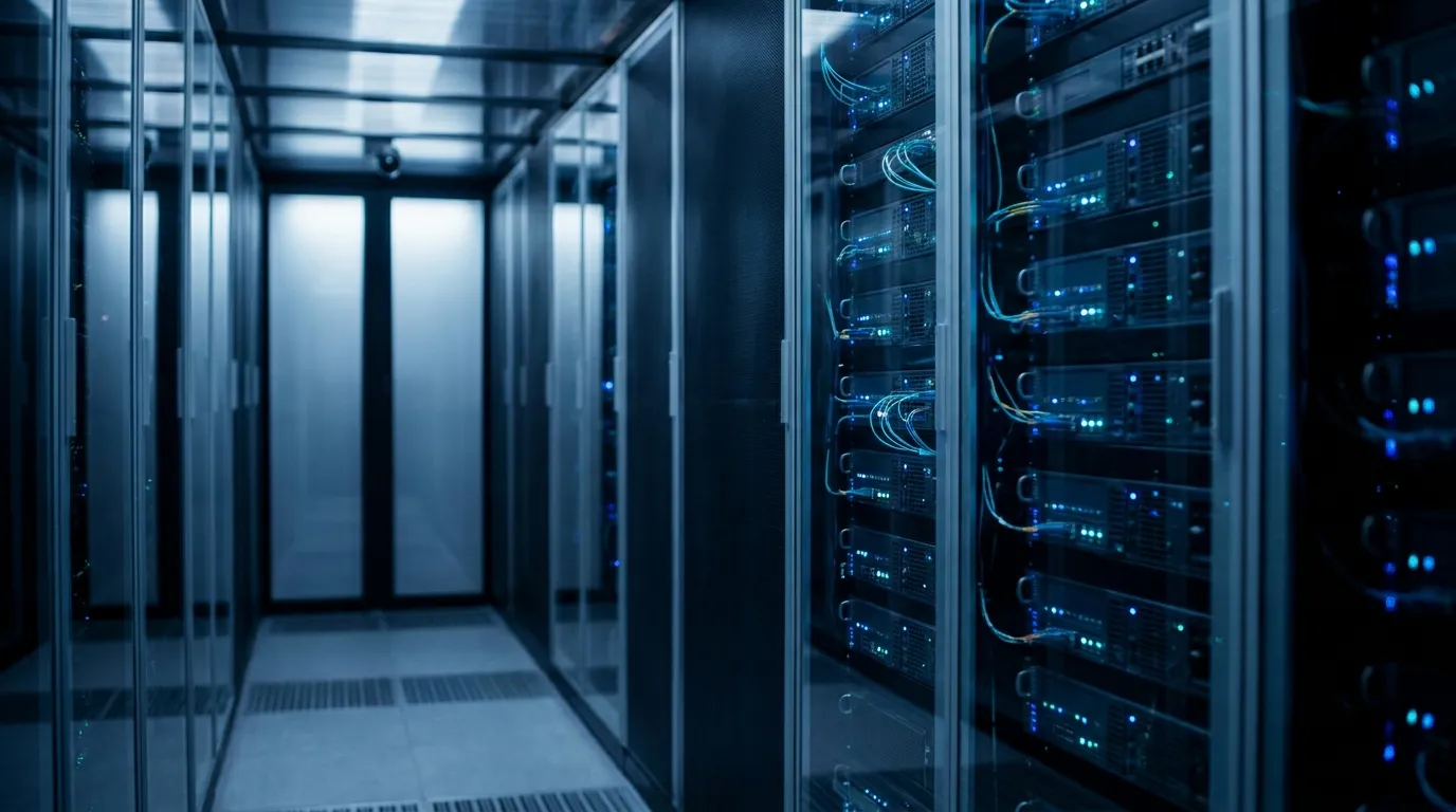 Server racks with blue status lights